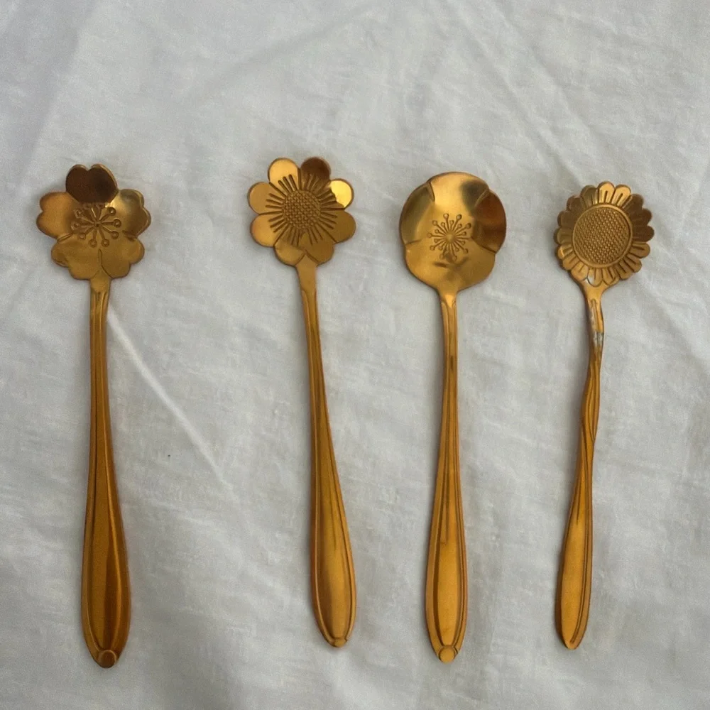Vintage Gold Tone Floral Spoon Set Brass Flower Spoons 4 Pieces